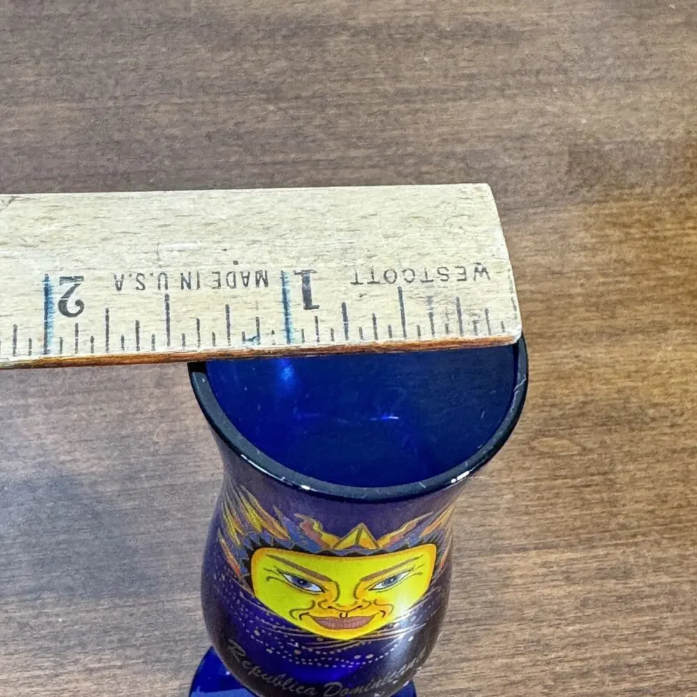 Cobalt Blue Glass Vase Souvenir Sun Face Hand Painted 4.5